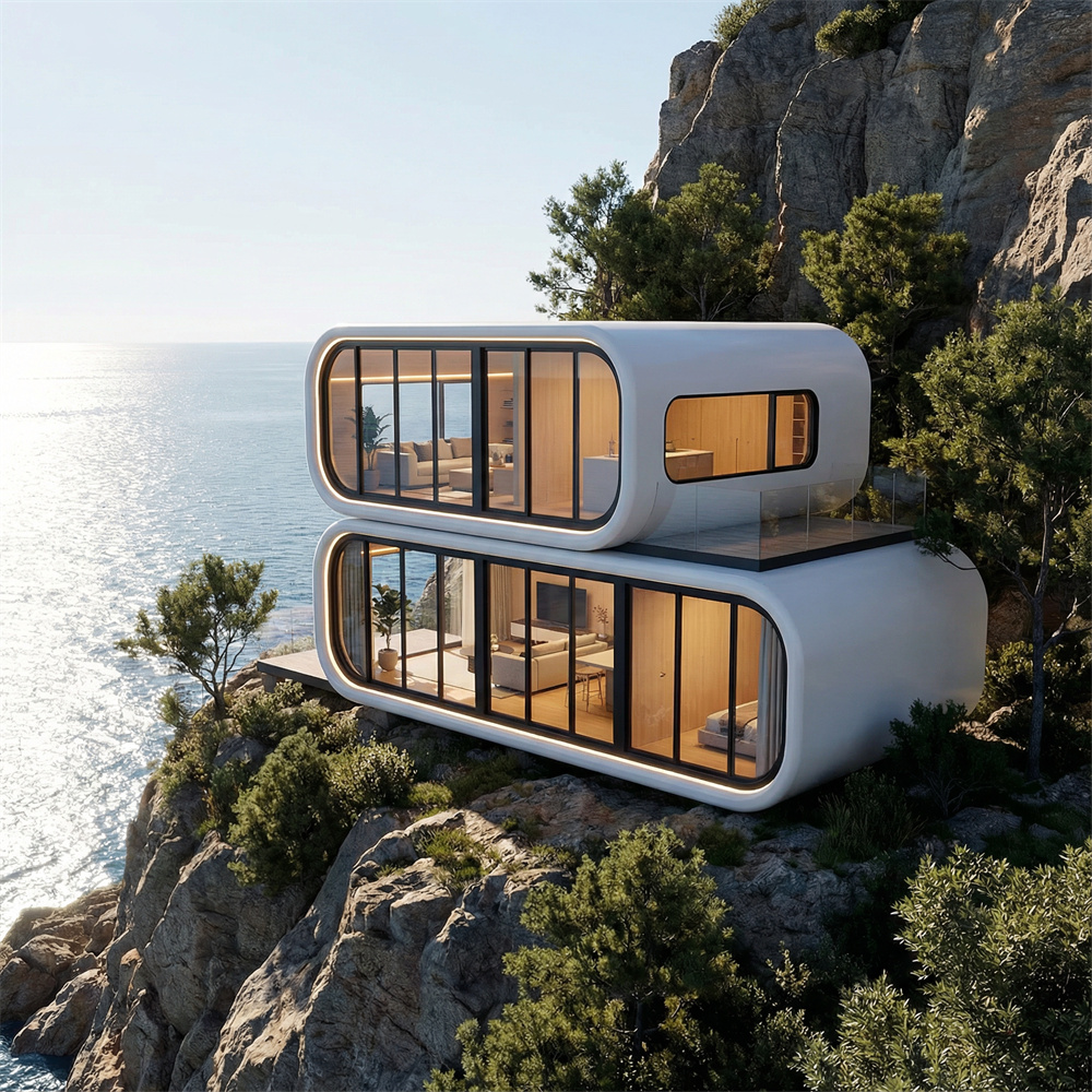 Casa cápsula espacial móvel empilhável direta em forma de arco